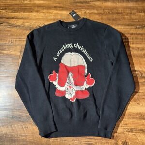 Typo Black ' A Cracking Christmas' Mooning Santa Men's Pullover Sweater Small NE